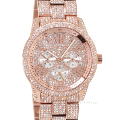 Pre-owned Michael Kors Womens Bradshaw Pave Glitz Watch Rose Gold Stainless Steel Crystals