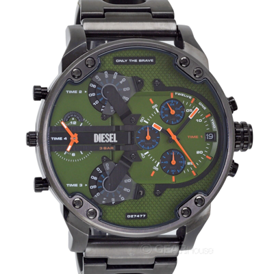 Pre-owned Diesel Mens Mr Daddy 2.0 Large Chronograph Watch Green Dial Gunmetal Gray Band