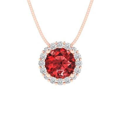 Pre-owned Pucci 1.30ct Round Pave Halo Natural Garnet Pendant Necklace 18" Chain 14k Pink Gold