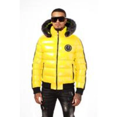 Pre-owned George Avenue  V Paris Puffer Jacket Yellow Rhinestone High Fur On Hood L Xl 2l 3
