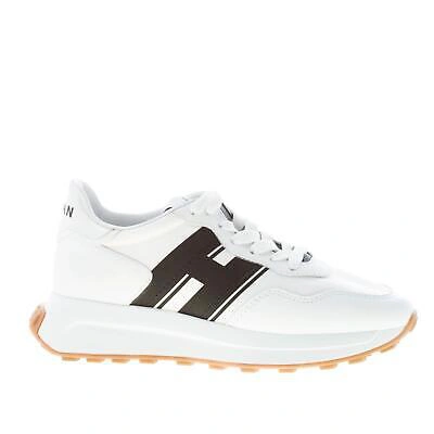 Pre-owned Hogan Women Shoes H641 Sneaker In White Leather And Tech Fabric Black Monogram
