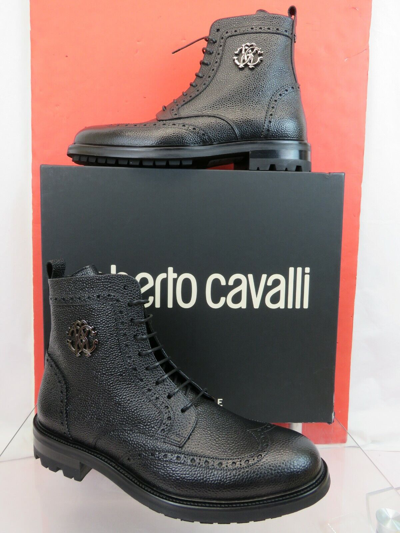 Pre-owned Roberto Cavalli Black Grained Leather Logo Brogue Combat Boots 44.5 /11.5 Italy