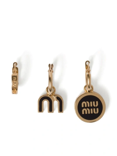 Miu Miu Set Of Three Enameled Metal Earrings In Black