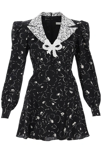 Alessandra Rich Silk Floral Mini Dress In Black,ivory