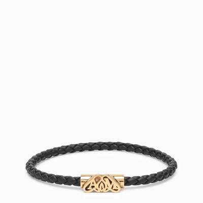 ALEXANDER MCQUEEN ALEXANDER MC QUEEN SEAL BLACK/GOLD LEATHER LOGO BRACELET