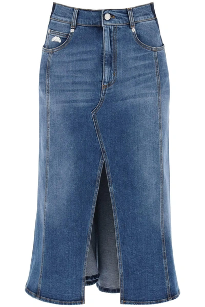 Alexander Mcqueen High-waist Slit-hem Denim Midi Skirt In Blue