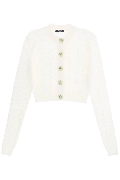 Balmain Cropped Cardigan With Jewel Buttons In White