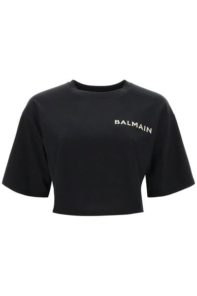 Balmain Cropped T Shirt With Metallic Logo In Black