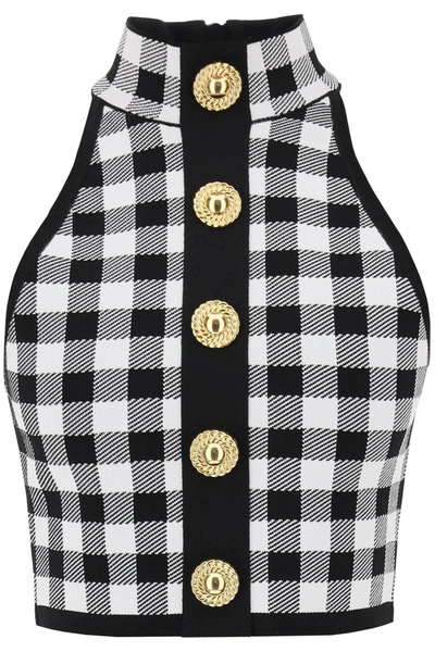 BALMAIN BALMAIN GINGHAM KNIT CROPPED TOP WITH EMBOSSED BUTTONS
