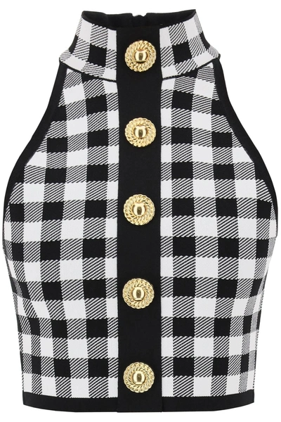Balmain Check Knit High Neck Cropped Vest In Multi