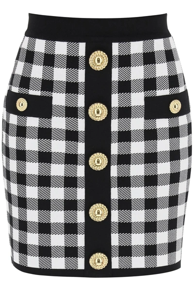Balmain Gingham Knit Mini Skirt With Embossed Buttons In Bianco