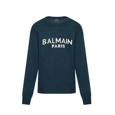 Balmain Jacquard-logo Sweater In Green