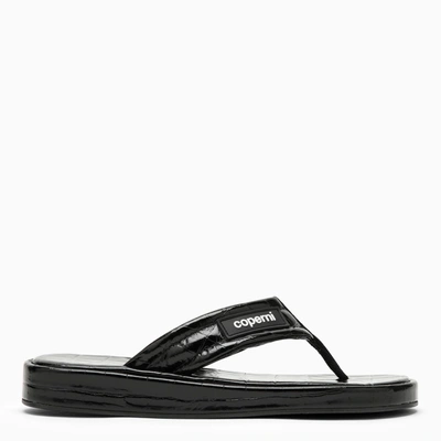 Coperni Logo-appliquéd Rubber-trimmed Croc-effect Patent Leather Flip Flops In Black