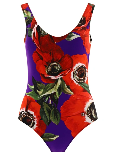 Dolce & Gabbana Racing Anemone-print Swimsuit In Anemoni Fdo Viola