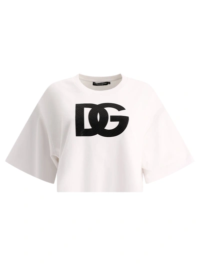 Dolce & Gabbana White Cotton Cropped T-shirt With Drop Shoulder And Logo Print For Women