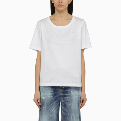 Dsquared2 White Cotton Crew-neck T-shirt With Logo In Bianco