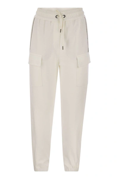 Brunello Cucinelli Smooth Cotton Fleece Cargo Pants With Monile In White