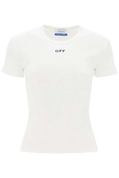 OFF-WHITE OFF WHITE RIBBED T SHIRT WITH OFF EMBROIDERY