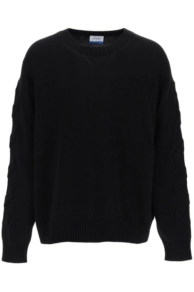 Off-white Jumper With Embossed Diagonal Motif In Black