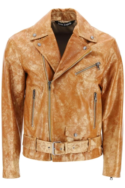 Palm Angels Laminated Leather Biker Jacket In Orange,gold