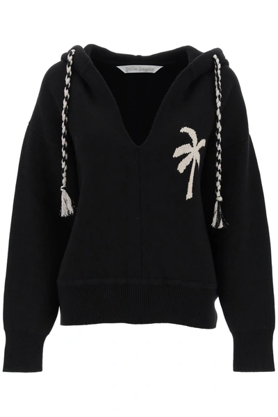 Palm Angels Palm Intarsia Drawstring Knitted Hoodie In Black