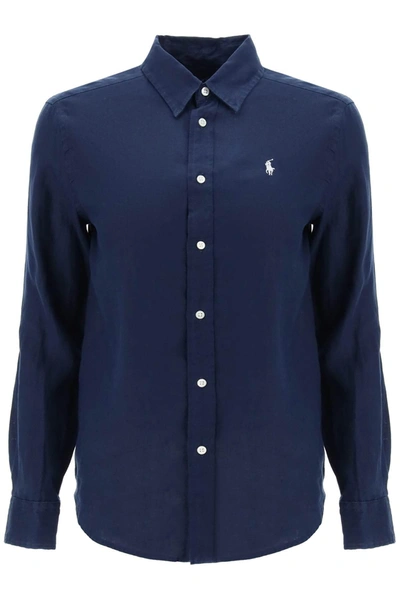 navy blue ralph lauren dress shirt Lauren Ralph Linen Shirt Navy Blue Gold Button Down Anchor Nautical Womens  PS
