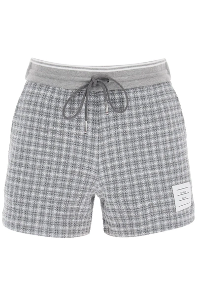 Thom Browne Checked Tweed Track Shorts In Grey