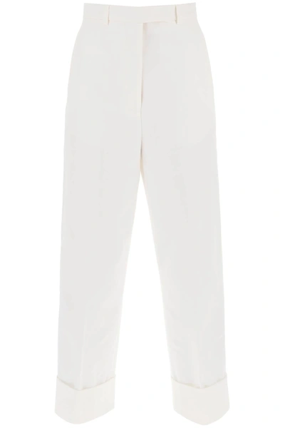 Thom Browne Cropped White Straight Pants With High Waist And Cuffed Hem