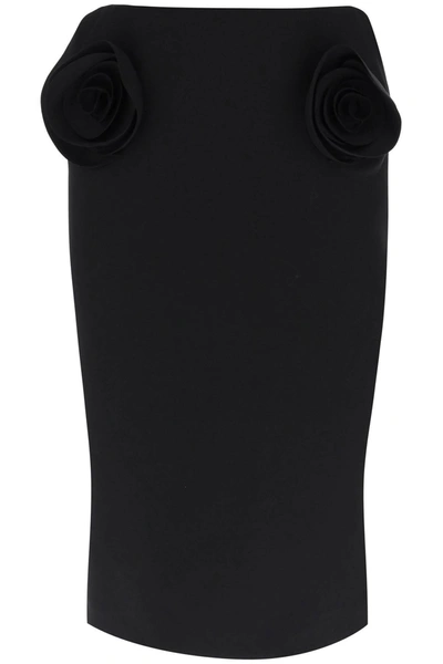 Valentino Elegant Black Crepe Couture Pencil Skirt With 3d Rose Appliqués