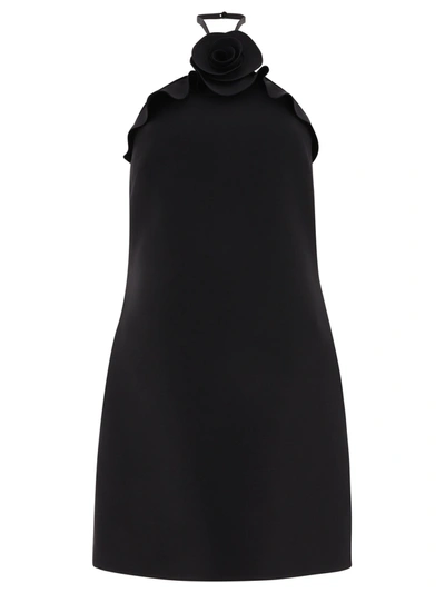 Valentino Wool & Silk Crepe Rose H/neck Mini Dress In Black