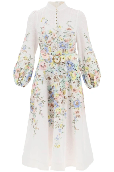 Zimmermann Matchmaker Floral Belted Linen Midi Dress In Cream,blue Floral