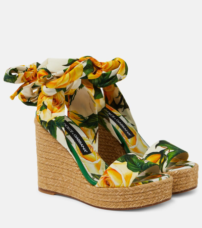 Dolce & Gabbana Lolita Floral-print Stretch-silk Espadrille Wedge Sandals In Multi