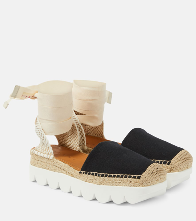 Marni Bicolor Canvas Ankle-wrap Sabot Espadrilles In Black