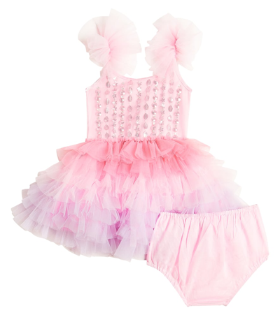 Tutu Du Monde Baby Brushwork Cotton Dress And Bloomers Set In Pink