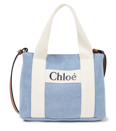 Chloé Kids' Logo Denim Tote Bag In Blue