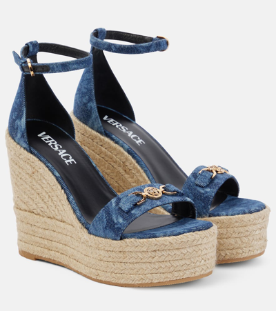 Versace Barocco Denim Espadrille Wedges In Blue- Gold