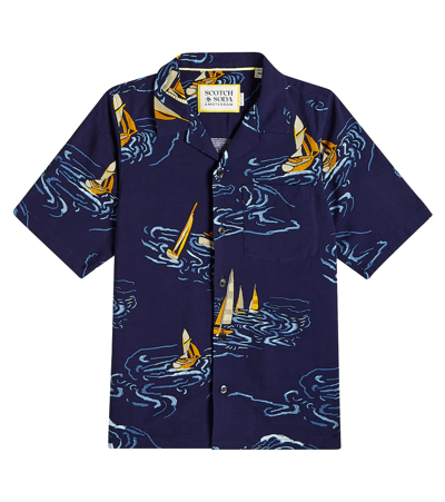 Scotch & Soda Kids' 图案印花古巴领衬衫 In Blue