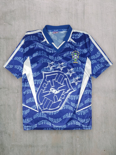 Pre-owned Soccer Jersey X Vintage Cbf Brazil Football Team Over Print Retro Polo In Blue