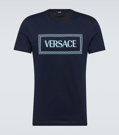 Versace Logo Embroidered Cotton Jersey T-shirt In Blue