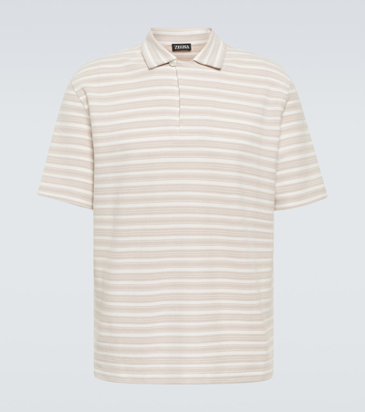 Zegna Cotton Polo Shirt In White Dusty Beige