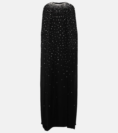 Monique Lhuillier Caped Crystal-embellished Silk Gown In Noir/metallic