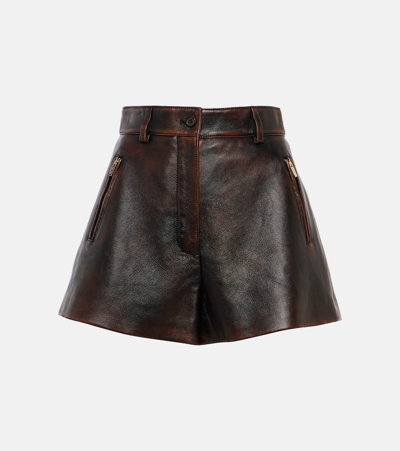 Miu Miu Leather Shorts In Brown