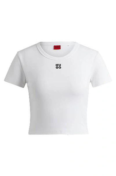 Hugo Boss Cotton-blend Cropped Slim-fit T-shirt With Stacked Logo In White