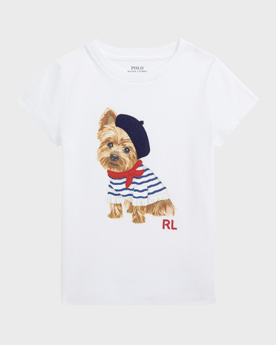 Ralph Lauren Girl's Yorkie-print Cotton Jersey Short-sleeve T-shirt In White