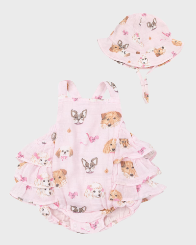 Angel Dear Kids' Girl's Puppy Faces Ruffle Sunsuit And Sunhat In Pretty Puppy Face