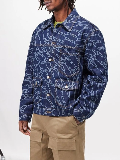 Gucci Wavy Gg Laser Print Denim Jacket In Dark Blue