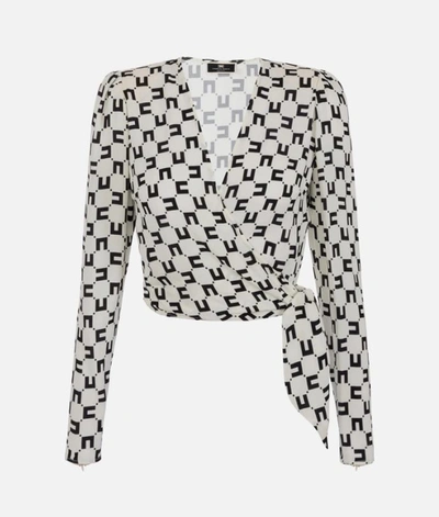 Elisabetta Franchi Allover Logo Printed Cropped Blouse In Burro/nero