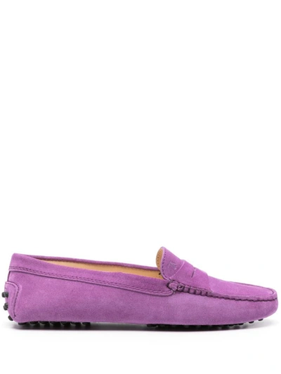 Tod's Suede Round Toe Moccasin With Rubber Nub Sole In Pink & Purple