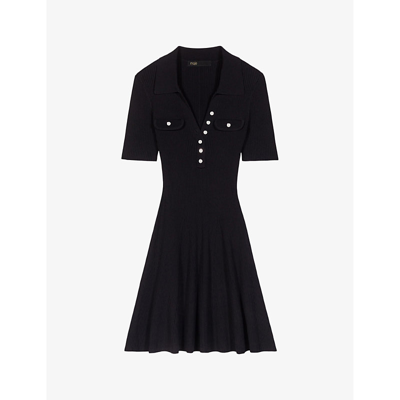 Maje Spread-collar Ribbed Minidress In Noir / Gris