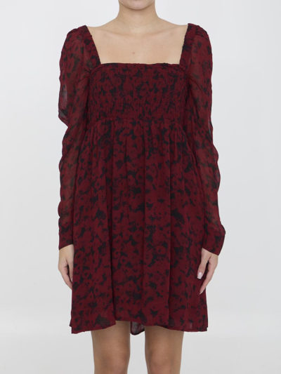 Ganni Square-neck Georgette Minidress In Red